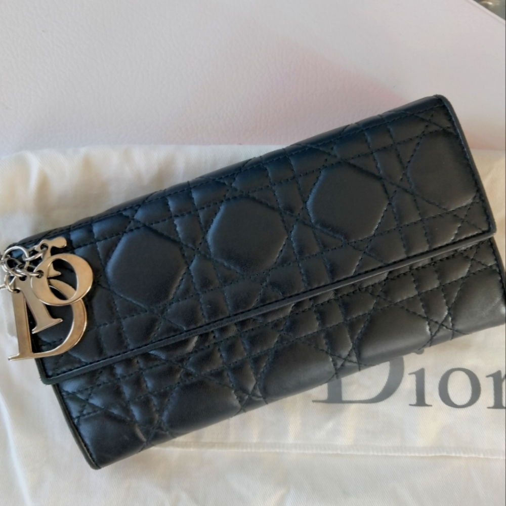 Authentic Lady Dior Cannage Quilted Lambskin Continental Wallet